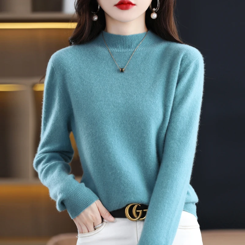 Женский осенне-зимний вязаный свитер с воротником-хомутом модный однотонный