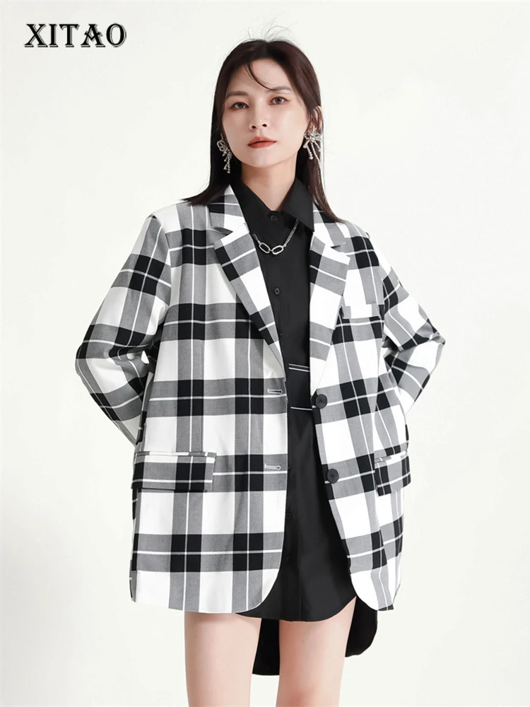 

XITAO Women Causal Blazer Contrast Color Plaid Fashion Loose Simplicity Temperament All-match Top Autumn New Coat WLD10059