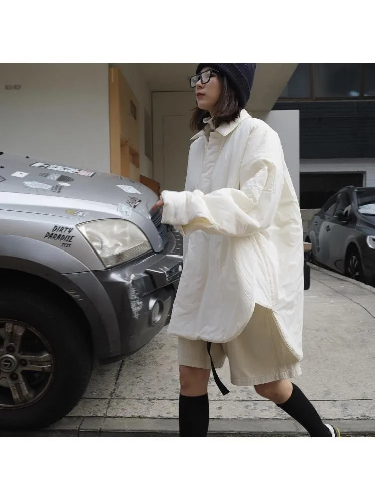 2022 Fall Winter Korean Design Sense Quality Lapel Shirt Style Cotton-Padded Parka Jacket Women Loose White Black Long Warm Coat