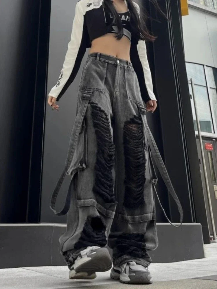 Черные рваные джинсы ADAgirl для женщин в стиле хип-хоп Y2k винтажные мешковатые