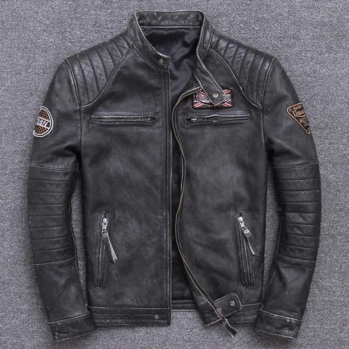 Fall Genuine Leather Jacket Mens Winter New Cowhide Leather Coats Slim Fit Short Stand Collor Motorcycle Biker Jacket Specials