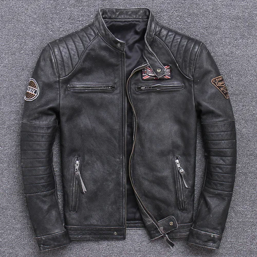 Mens Winter New Cowhide Leather Coats Slim Fit Short Stand C