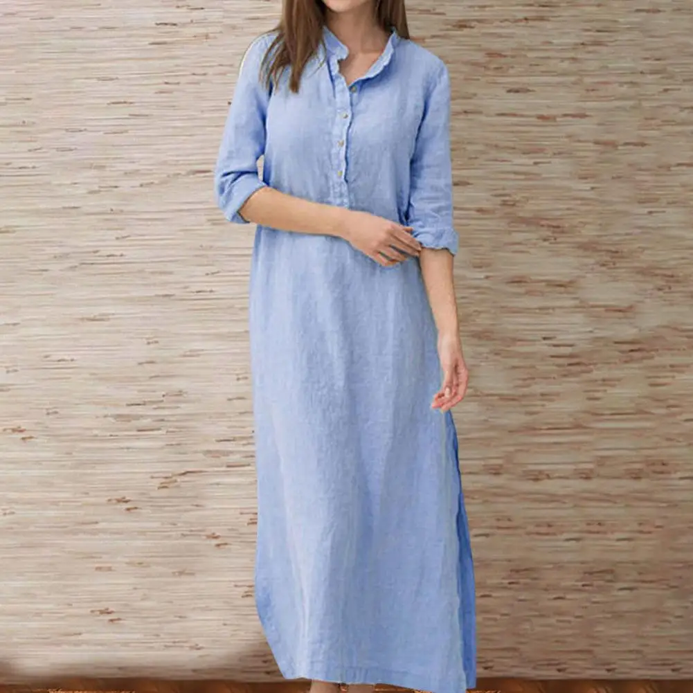 

Charming Women Dress Buttons Half Placket Soft Simple Solid Color Loose Dress Midi Dress Vintage Dress