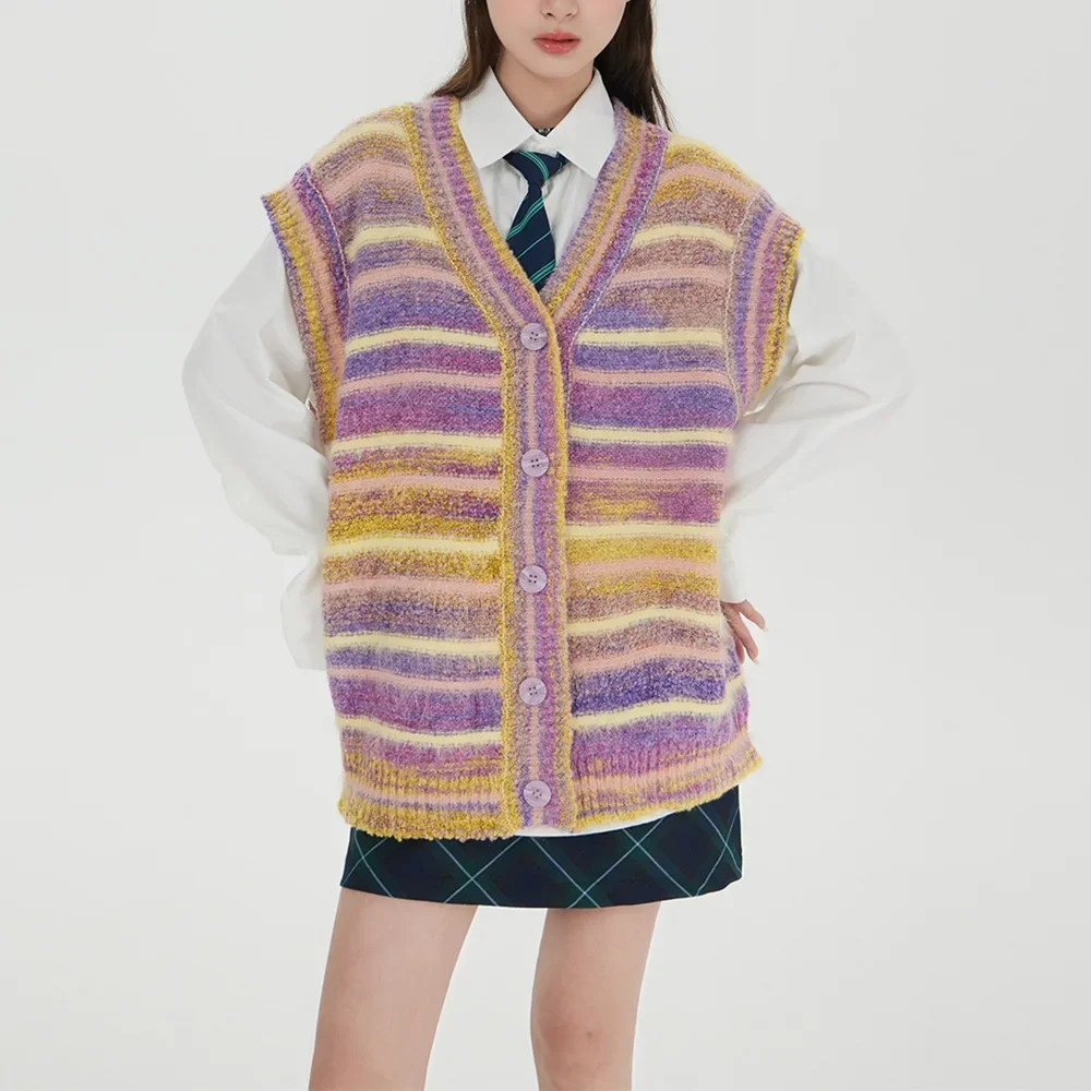 Полосатый кардиган с цветными блоками вязаный жилет женский осенне-зимний