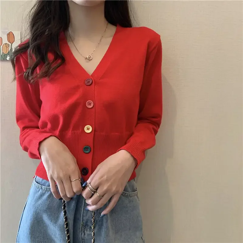 Нежный стиль весенне-осенний новый вязаный кардиган с v-образным вырезом женский