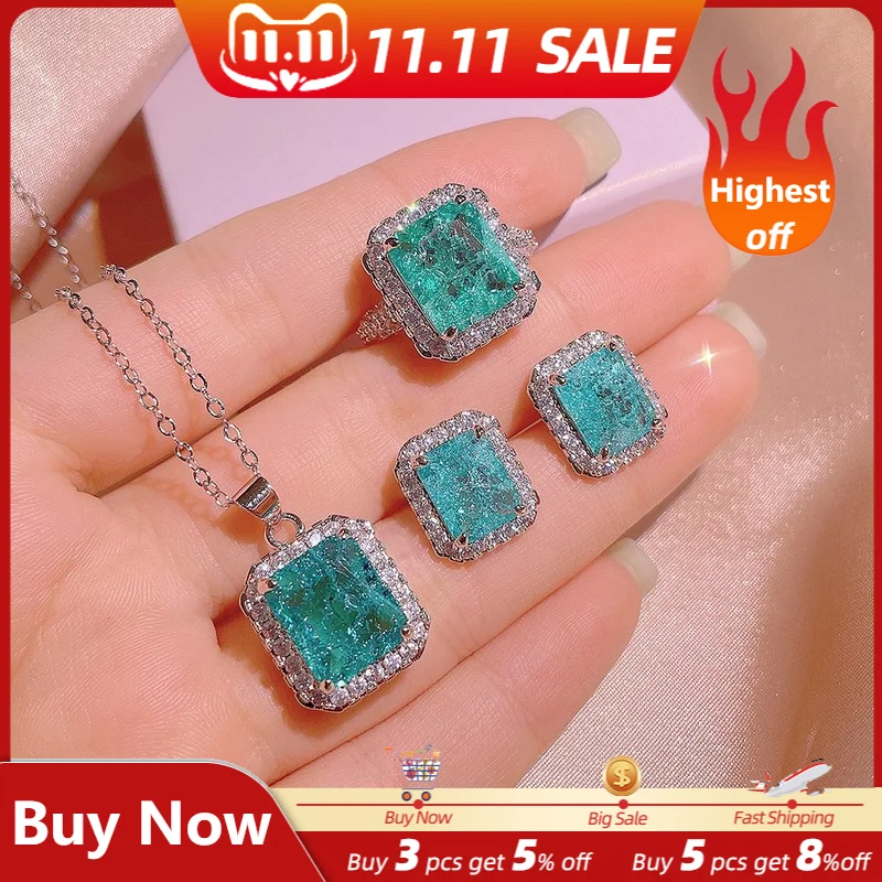 

Elegant Blue Color Square Zirconia Jewelry Sets for Women Simple Luxury High Quality CZ Crystal Birthday Party Gifts Wholesale