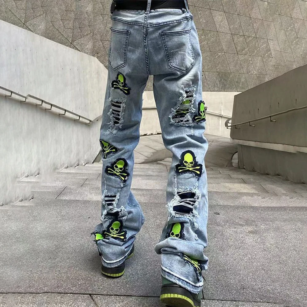 Y2K Fashion Street Style Ripped Jeans 2023 Men's Washed Skull Embroidery Design Denim Trousers Oversized Casual Loose Slim Pants