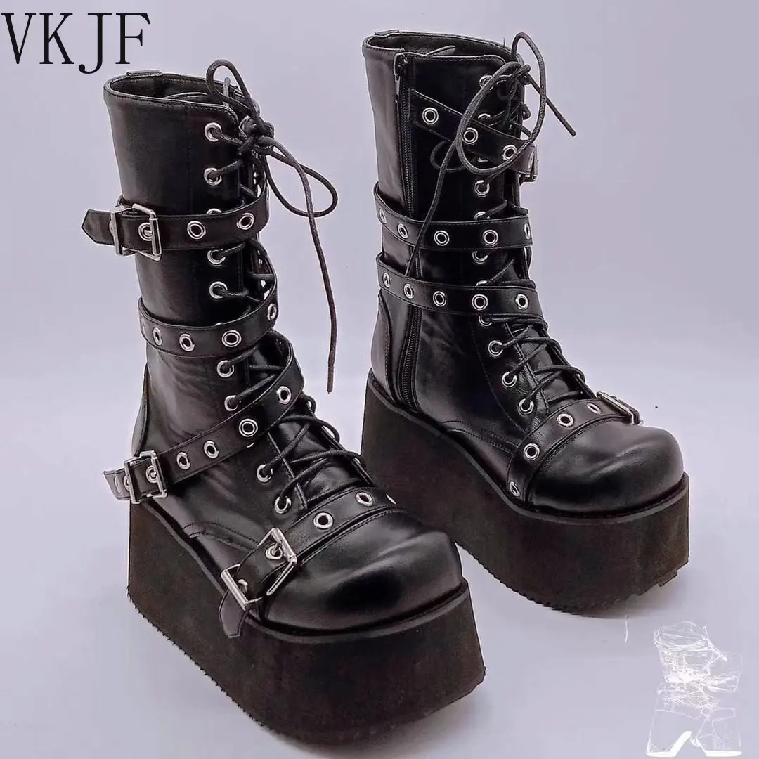 

Женские осенние ботинки размера плюс 43, женские ботинки на танкетке с пряжкой и круглым носком, женские уличные ботинки в стиле панк и готик...