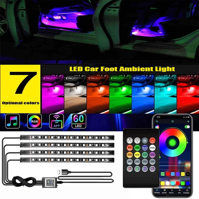 

Neon 48 LED Car Interior Ambient Foot Light with USB Wireless Remote Music App Control Auto RGB Atmosphere Decorative Lamps