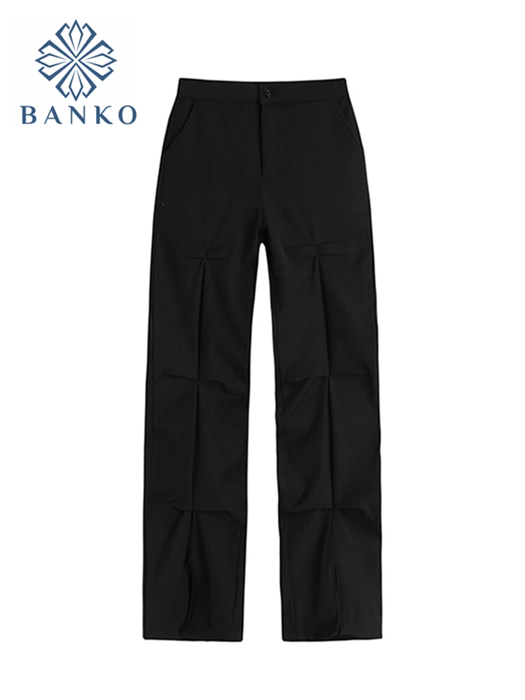 

2021 Autumn New Pants Women High Waist Fold Design Casual Streetwear Fashion Black Long Trousers Lady Split Straight Loose Pants