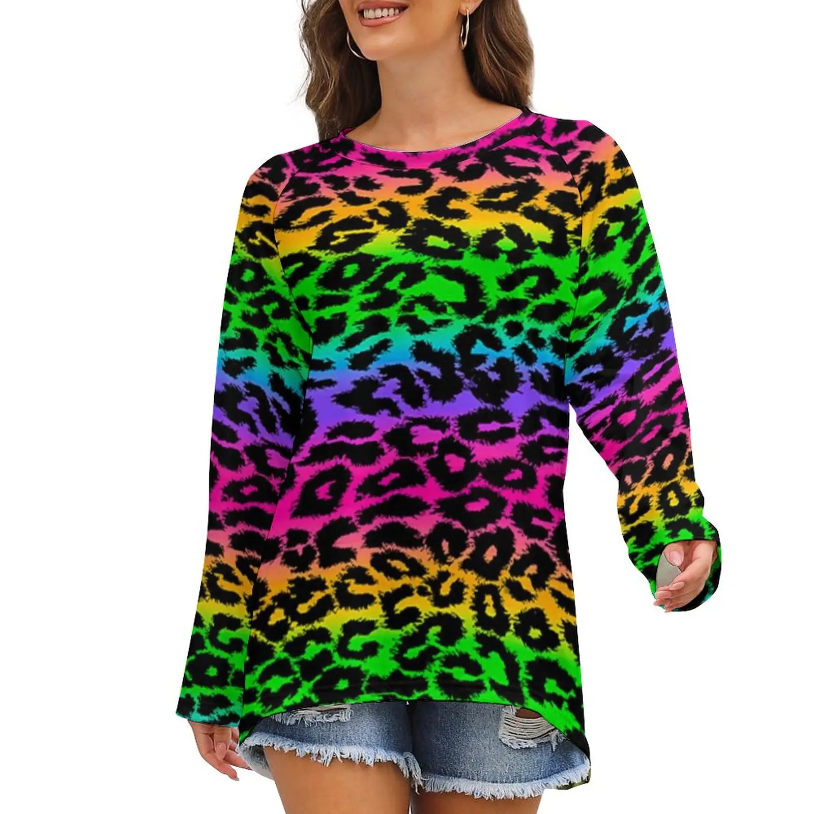 

Retro 80S T-Shirts Leopard Rainbow Print Elegant T-Shirt Lady Long-Sleeve Street Wear Tops New Arrival Oversized Pattern Clothes