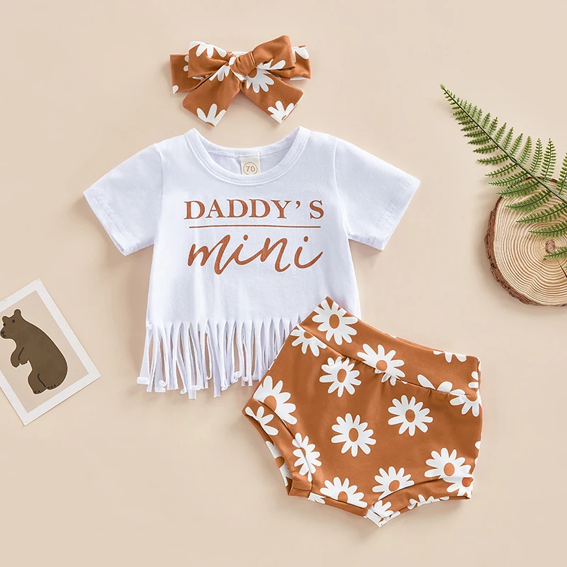 

Милые комплекты одежды для маленьких девочек, летний верх, футболка с буквенным принтом, шорты и повязка для волос, детская одежда для младенцев