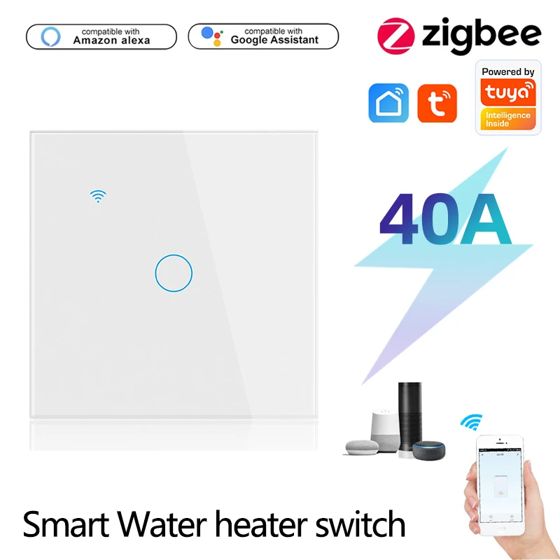 

Tuya Zigbee Smart Water Heater Switch EU With Luxuray Glass Panel Touch Sensor Smart Wall Switch Smart Home, Alexa Google Home