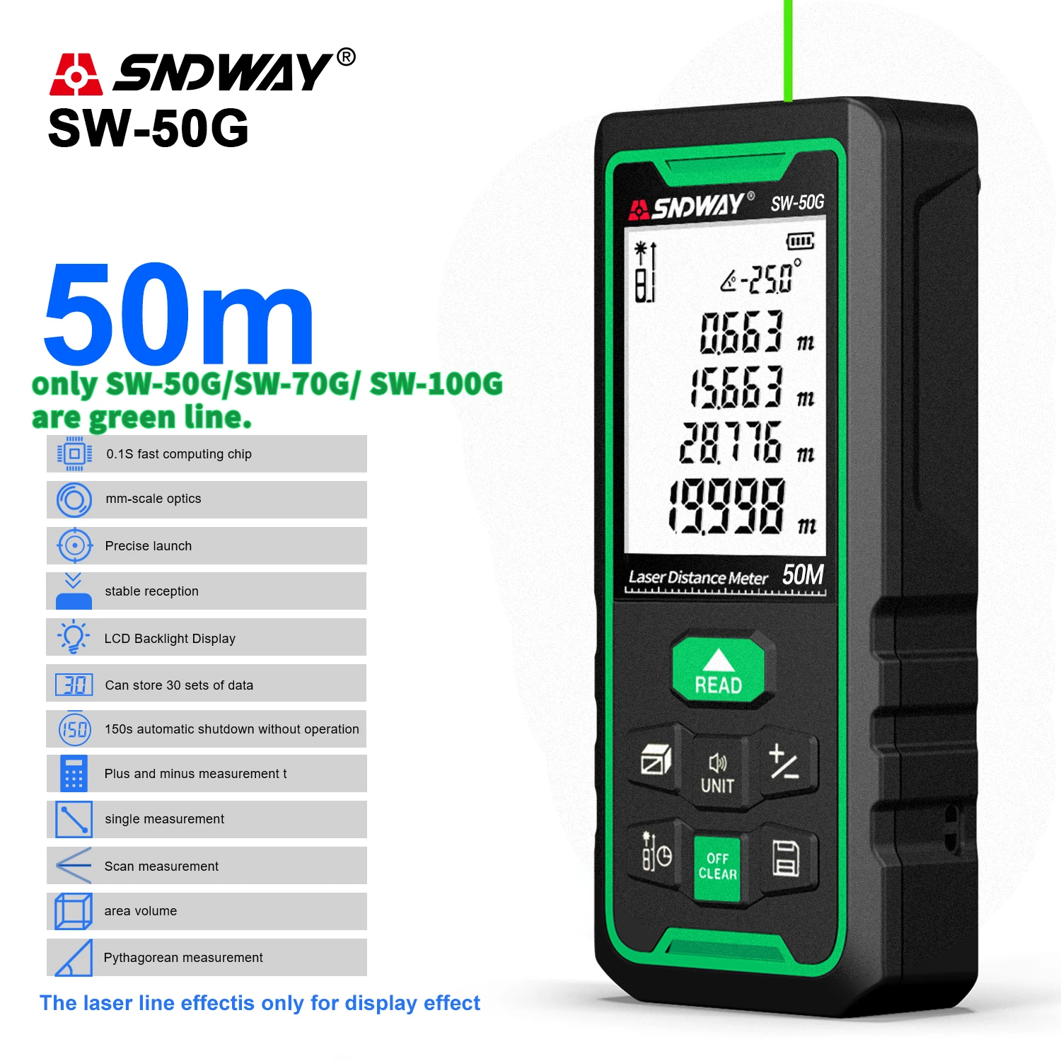 SNDWAY Laser Range Finder 50M 70M 100M Green Light Distance Meter Indoor/Outdoor Trena Lazer Tape Measure Roulette Measurer Tool