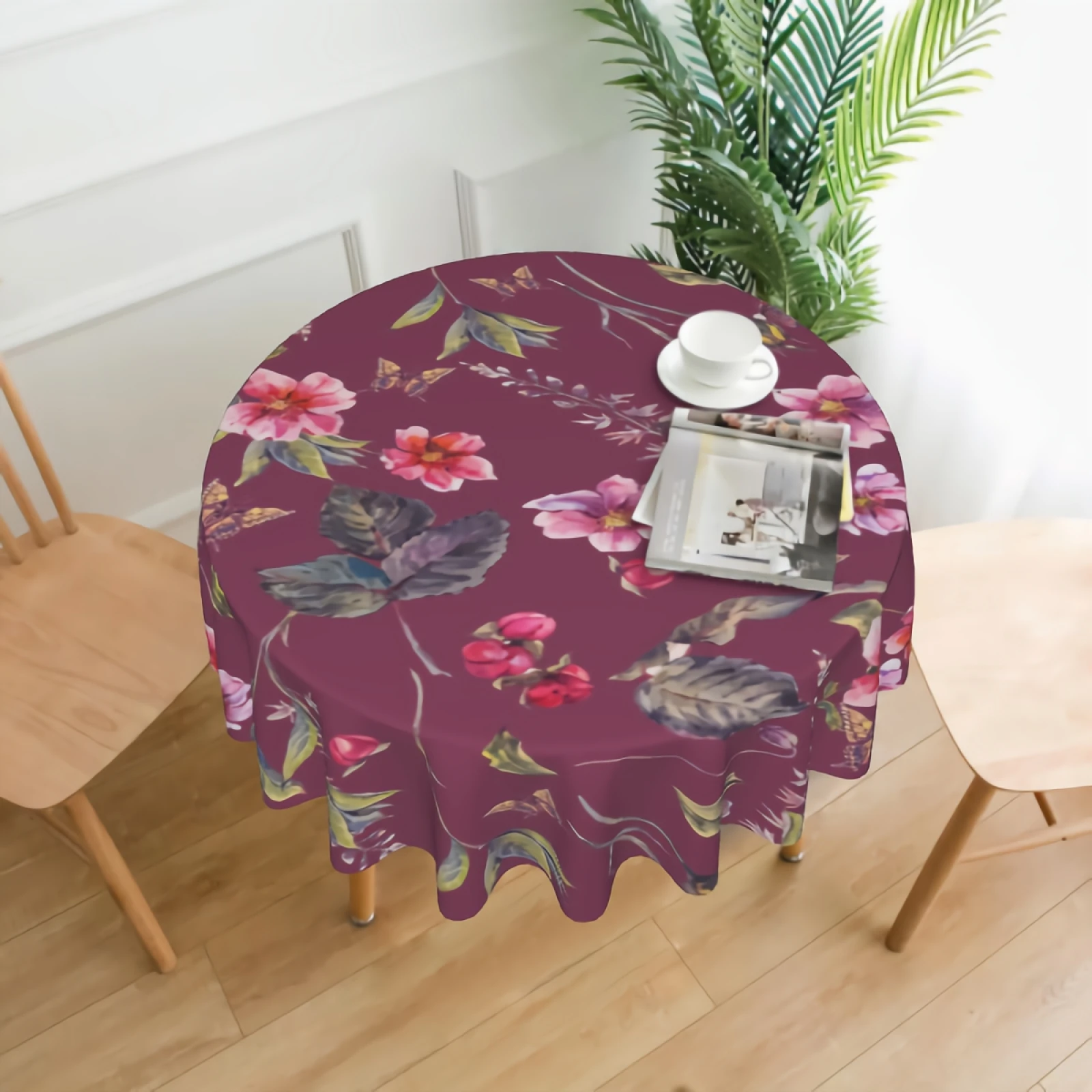 

Watercolor Flower Botanic With Butterflies Round Tablecloth Waterproof Pink Floral Flower Bouquet Table Cloth Wrinkle Free Decor