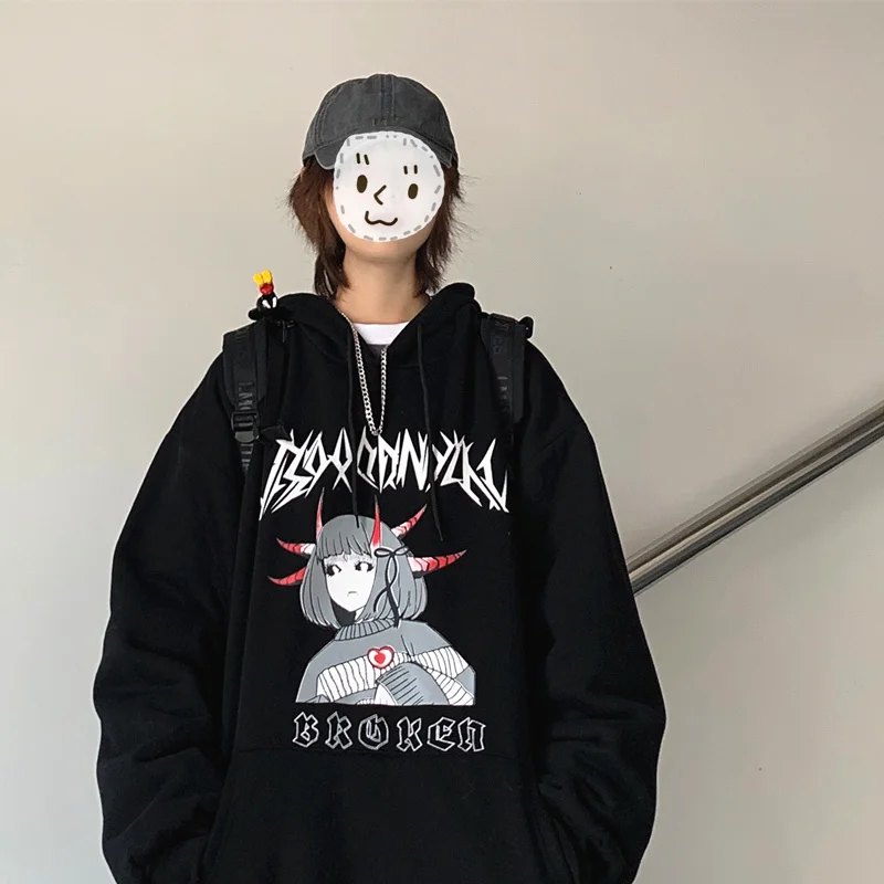 

Женский свитер с капюшоном, Свободный пуловер в готическом стиле, утепленный плюшевый свитер в стиле Харадзюку, с мультяшным принтом, 2022