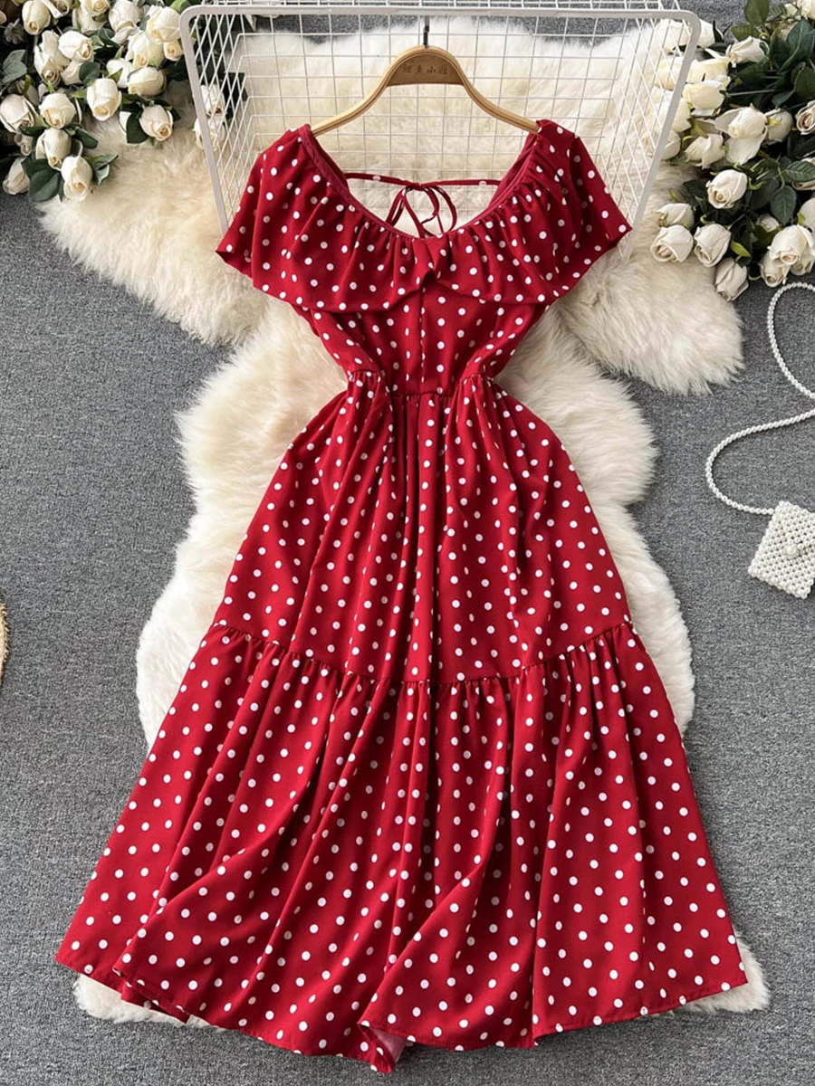 

Женское винтажное платье в горошек, красное/хаки/Белое платье средней длины с V-образным вырезом, оборками и коротким рукавом, элегантный по...