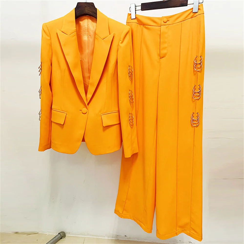 Fashion Women Two Piece Set 2023 New Orange Female Metal Ring Decoration Blazer Trouser Suit Lady Business Party Formal Pant Set