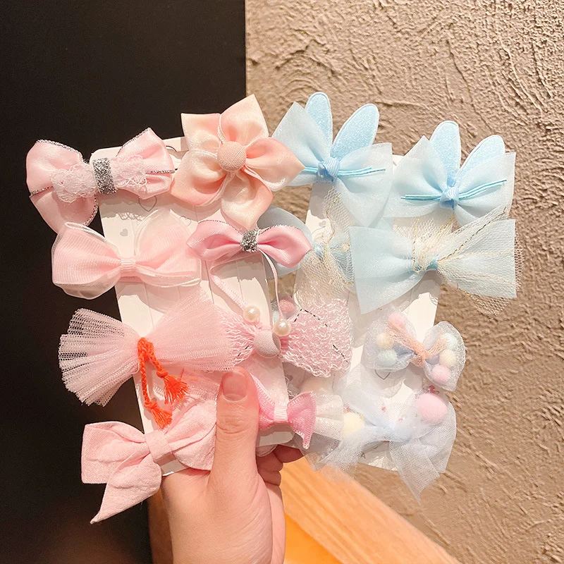 

8PCS/Set Pink Color Solid Rabbit Hairball Bow Hair Clips For Girl Child Fashion Lace Mesh Flower Hairpin Cute Barrettes Headwear