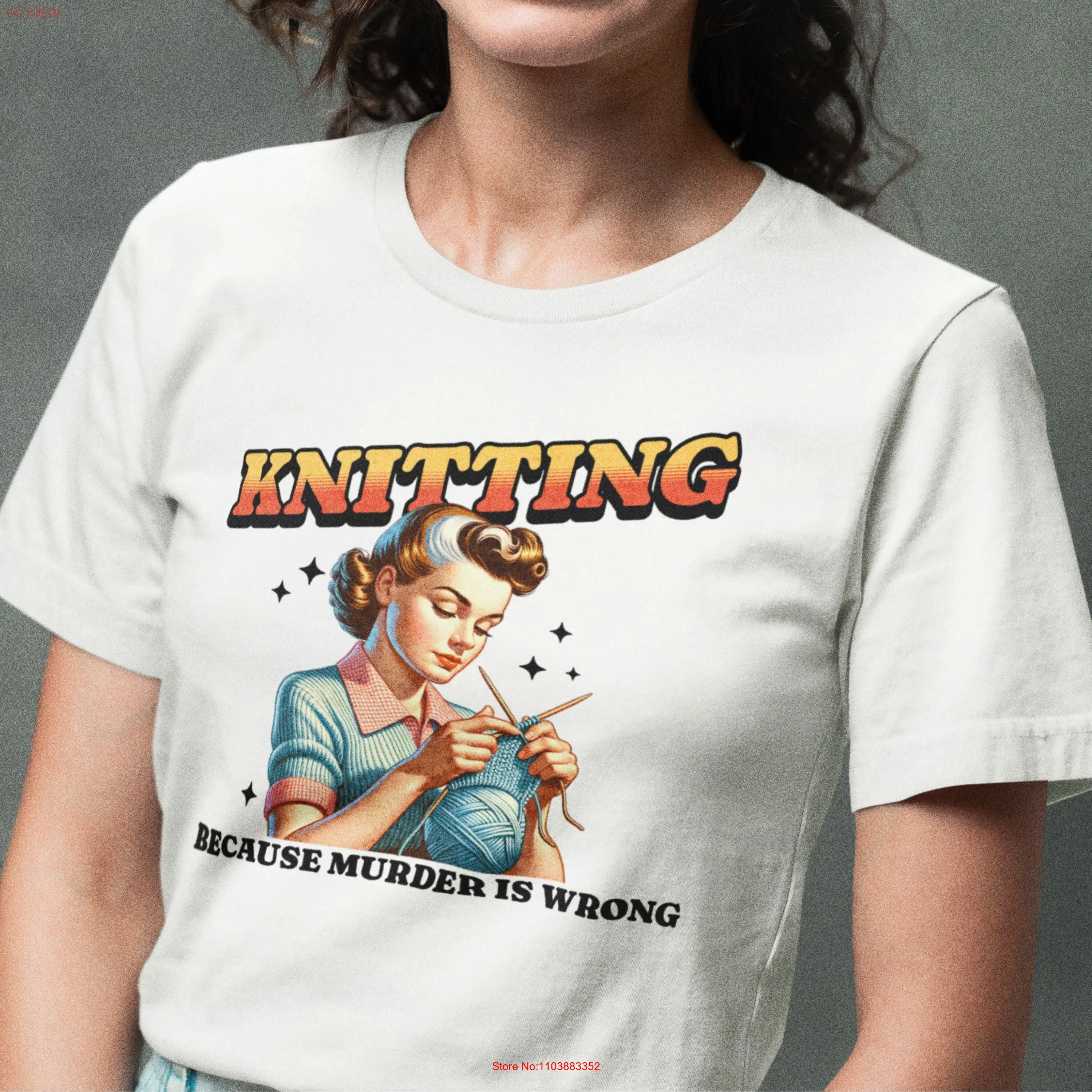 Фото Вязаная рубашка Sassy Retro T для вязания Футболка в графическом стиле 1950-х годов, потому что убийство — это неправильно, длинные или короткие рукава №1