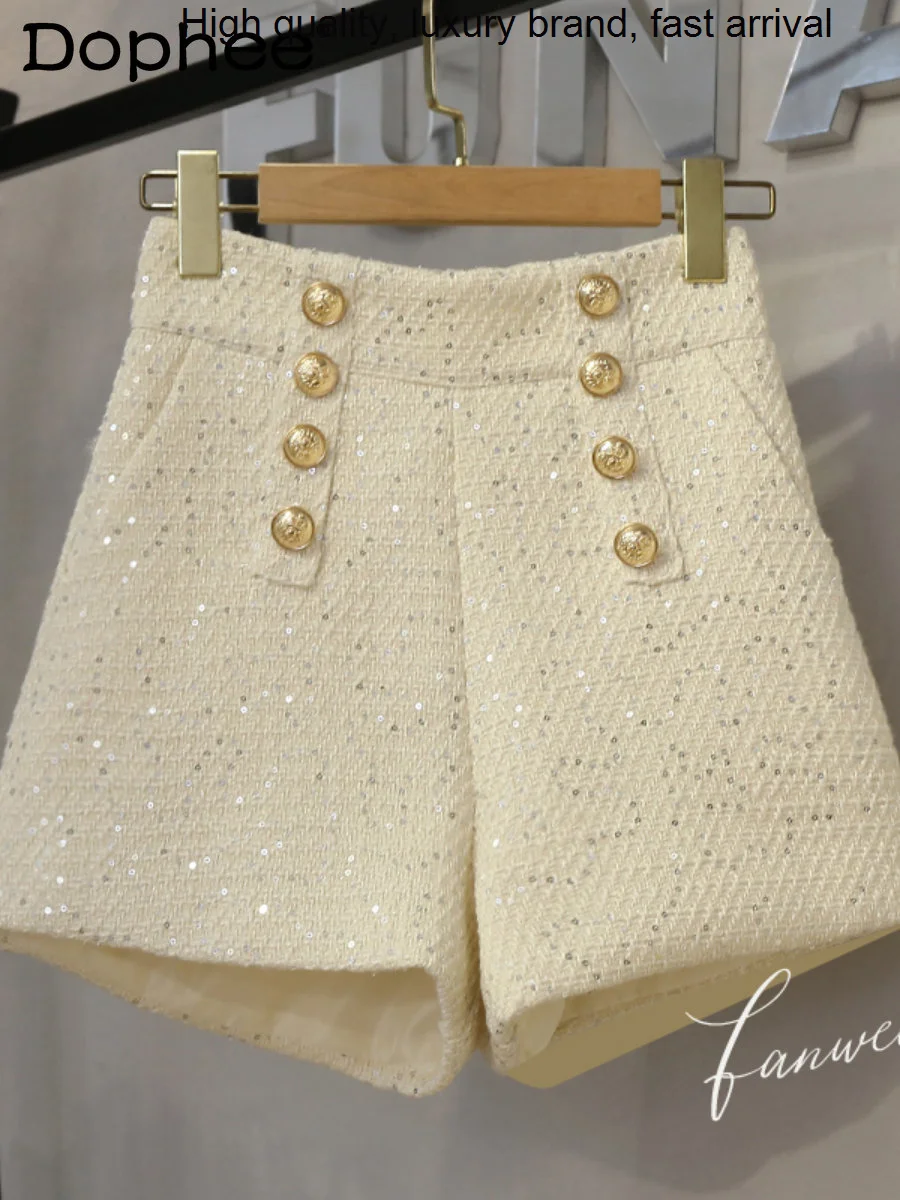 

Woolen Autumn Winter Women Elegant Double-Breasted Sequins High Waist Slimming A- Line Wide Leg Short Pants Booty Shorts