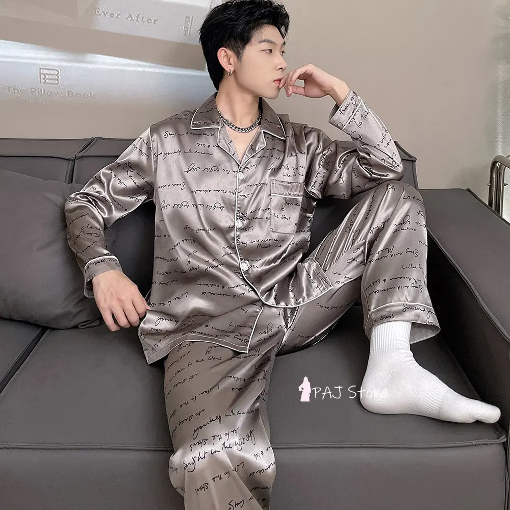 Men Silk Satin Pajamas Set Pajama Man Sleepwear Set Large Size  Long Sleeve Loungewear Oversize Pajamas 7XL Pyjamas Home Suit
