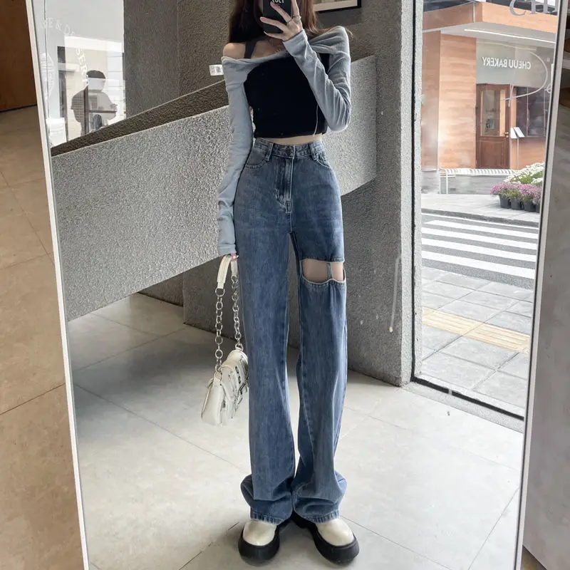 

Women Straight Ripped Jeans for Women Fashion Loose Hole Streetwear Women High Waist Pants Hole Boyfriend Denim Trousers E176