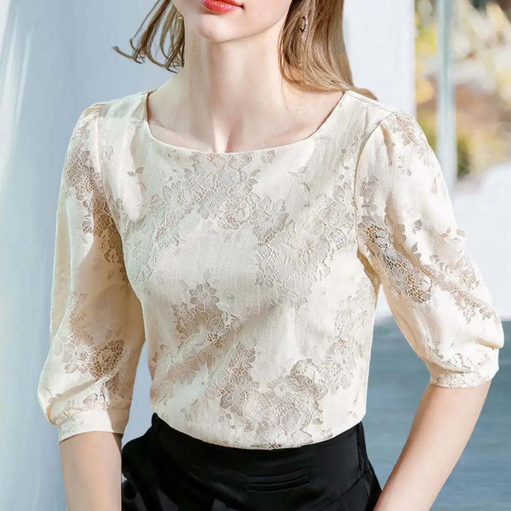 

Simple Top Square Collar Breathable Soft Simple Casual Floral Lace Decor Sweet Top Summer Top Streetwear