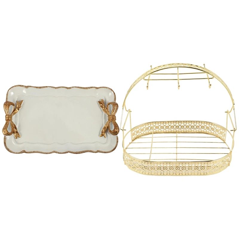 

1 Pcs Bow Cake Storage Trays Makeup Organizer Dessert Plate 12X20cm White & 1 Pcs Large-Capacity Storage Rack Dish Rack