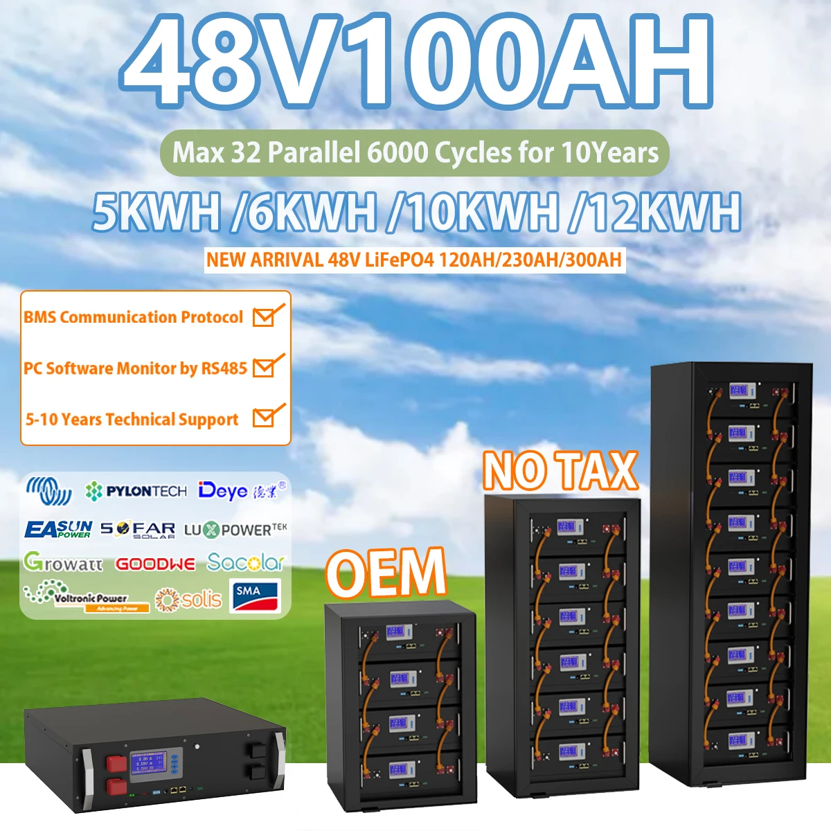 Batería LiFePO4 de 48V, 100Ah, 120Ah, 6000 ciclo, 16S, 100A, BMS, 51,2 V, 5120WH, 6144Wh, máximo 32, Monitor paralelo, PC, inversor, batería libre de impuestos