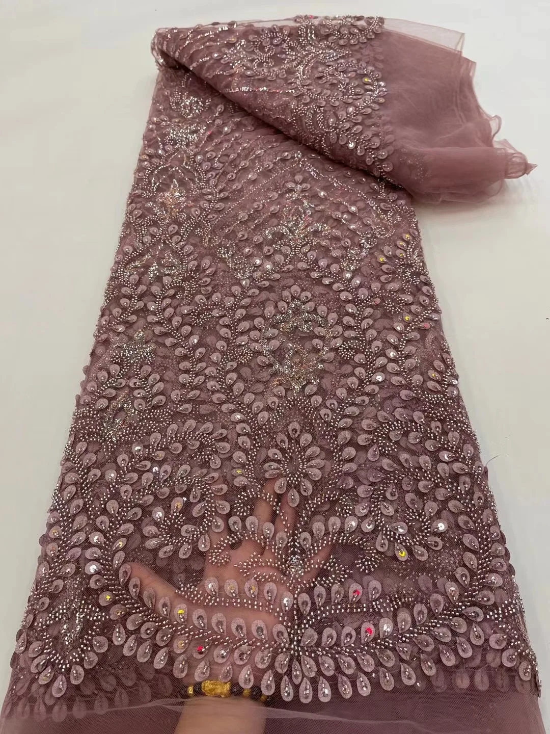 

New Arrival African Luxury Sequins Lace Fabric 2023 French High Quality Beaded Embrioidery Tulle Fabric For Bride Dresses Sewing