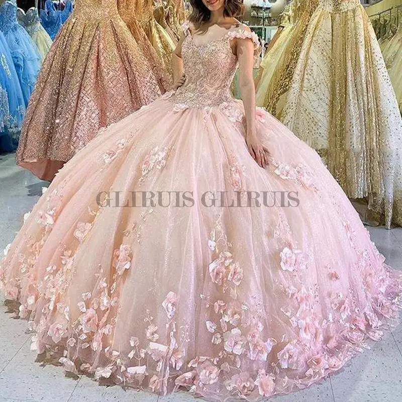 

Off Shoulder Lace Quinceanera Prom Dresses 3D Floral Appliques Sweep Train Lace-up Back Formal Sweet 16 Gowns