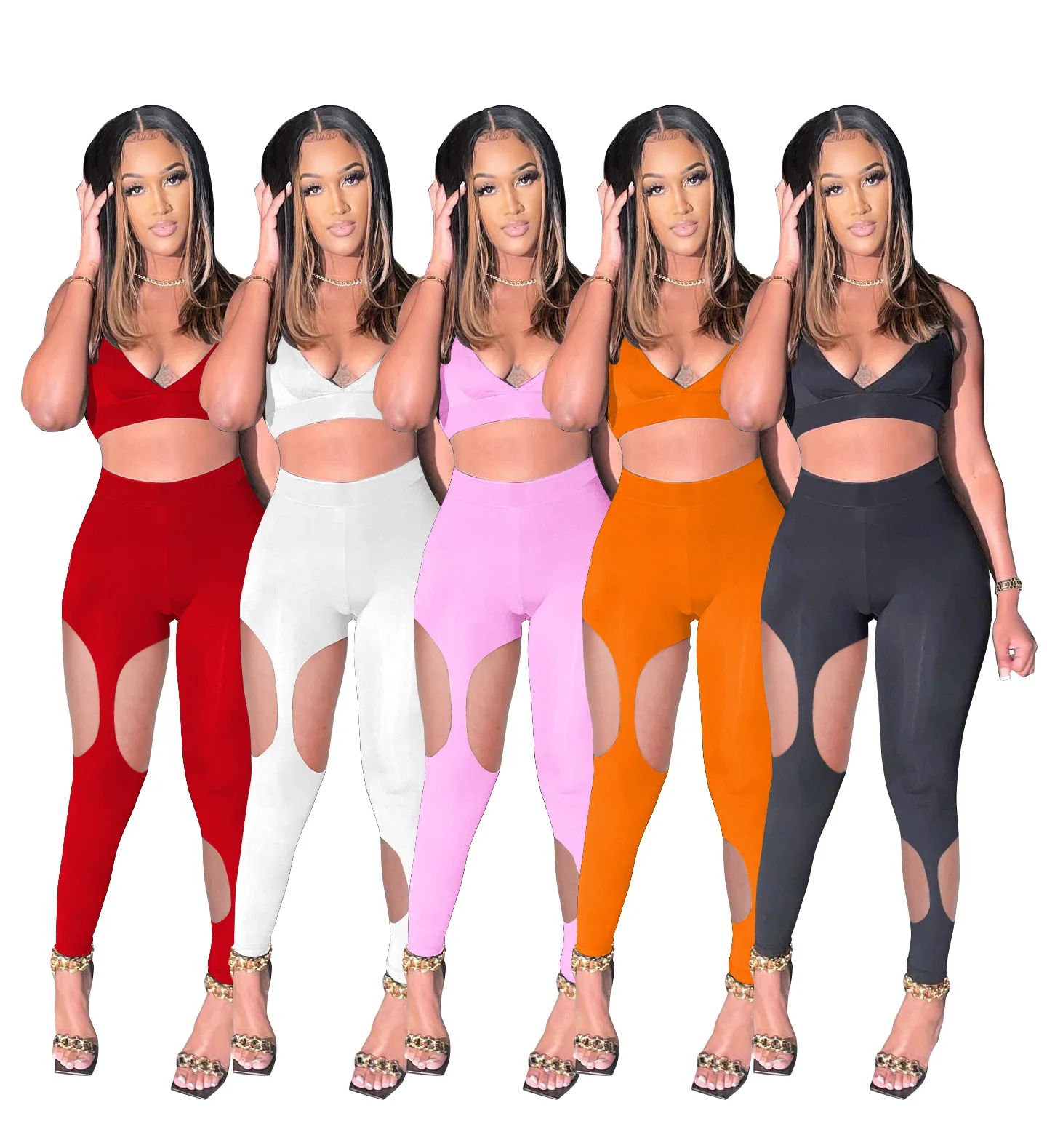 

Womens Summer Solid V Neck Slim Fit Suit Women 2022 Fashion Womens Sexy Strappy Bra + Hollow Trousers Set Women 2 Pieces
