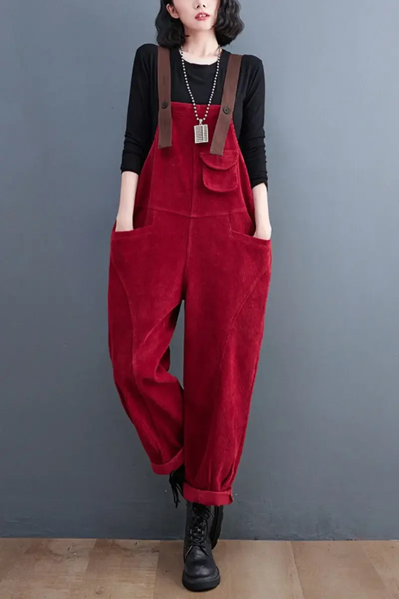 Женский вельветовый комбинезон свободный большого размера с подтяжками в стиле