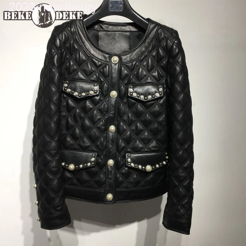 

Coat New Sheepskin Women Elegant O-Neck Slim Fit Rivet Pearls Single Breasted Plaid Jacket Office Ladies Genuine Leather Jackets