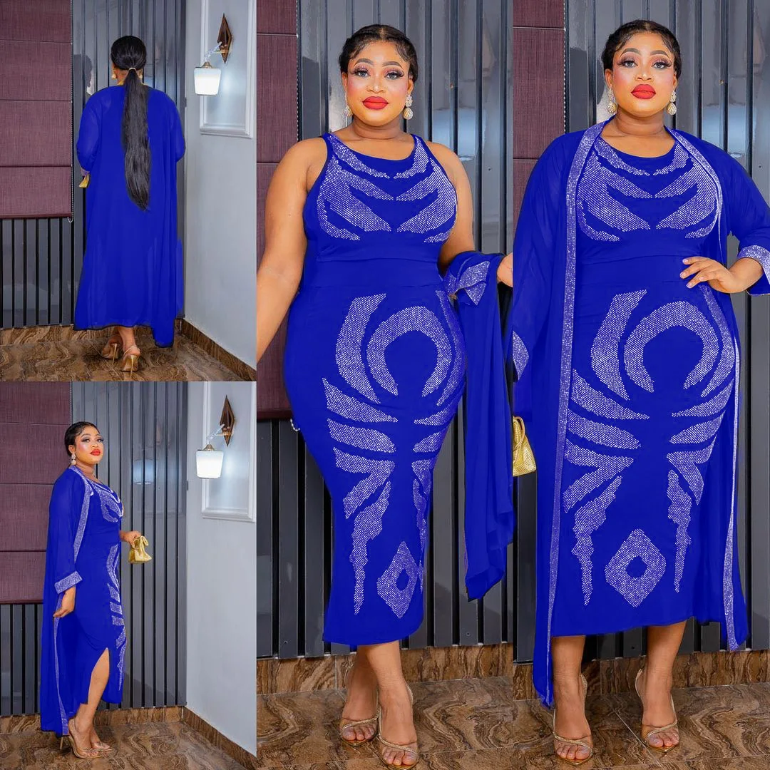 

2023 Summer Spring African Women 2 Piece Sets Elegant O-neck Sleeveless Dress and Long Sleeve Coat African Clothes Women