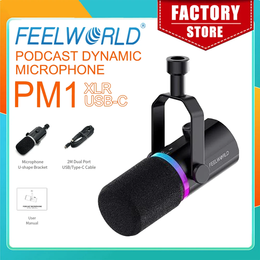 Фото FEELWORLD XLR/USB динамический микрофон PM1 для записи подкастинга, игровой прямой трансляции №1