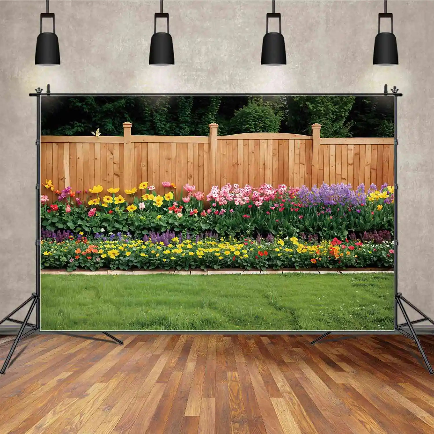 

Flower Garden Scenery Backdrops Photography Spring Wooden Wall Green Grassland Blossom Custom Kids Photobooth Photo Backgrounds