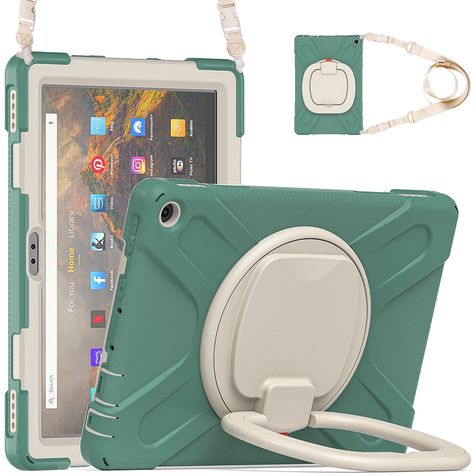

Adult Kids Case for Kindle Fire HD 10 Silicone Case 2021 HD 10 Plus Shockproof Cover with Rotatable Kickstand+Shoulder Strap
