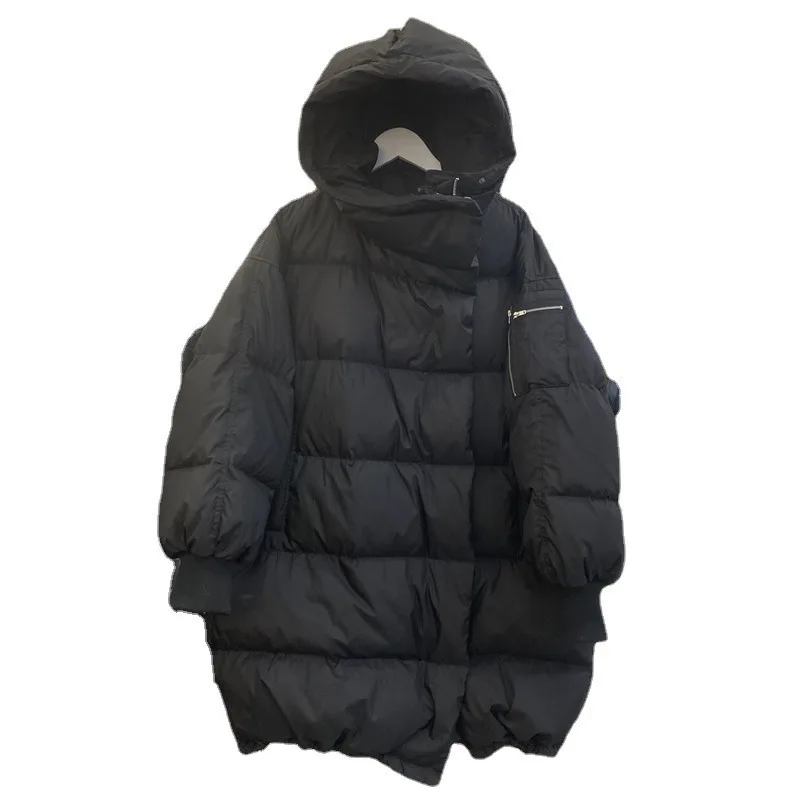 Autumn and Winter Down Jacket White Duck Down Loose Women's Long Knee-length Hooded Thickening Warm Hundred Take Cotton Jacket