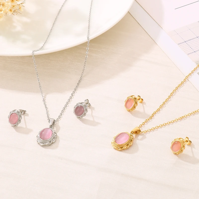 

2pcs/set Elegant Cat's Eye Oval Earrings Necklace For Women Rhinestone Resin Pendant Choker Stud Ear Stainless Steel Jewelry