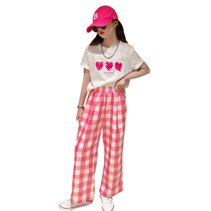 

Summer 2023 New Girls Suit Heart Short Sleeve Tshirts + Plaid Pants 2pc Outfits Loose Children's Casual Teen Girls Clothing Sets