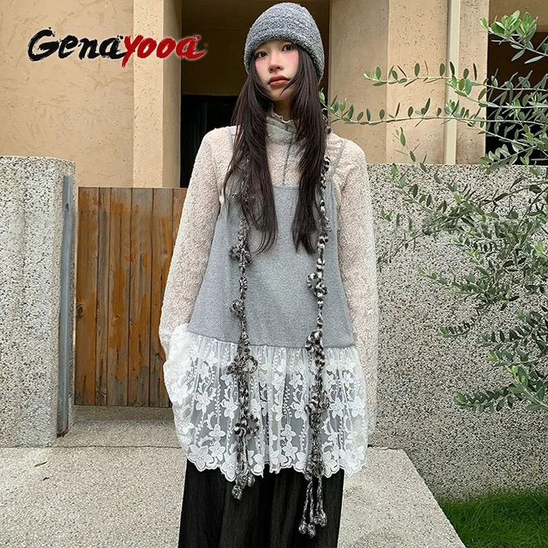 Genayooa Y2k Fairycore майки женские кружевные лоскутные без рукавов винтажные футболки