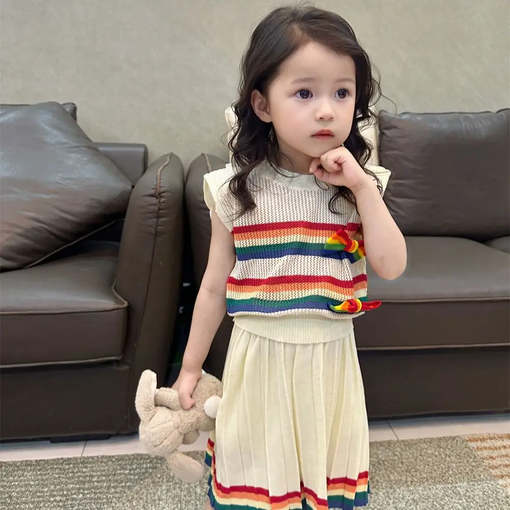 

Summer Children Clothes 2023 New Kids Suit Sleeveless Striped Knit Shirts Pleatedskirts 2 Pcs Suits for Girls Clothing