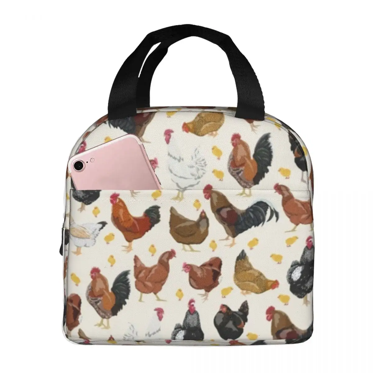 

Cartoon Chicken Lunch Bag with Handle Colorful Hens Roosters Camping Cooler Bag Carry Aluminium Modern Thermal Bag
