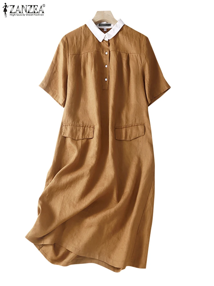 

Платье ZANZEA женское средней длины с коротким рукавом, модная повседневная Однотонная рубашка в стиле преппи, с лацканами, с цветными вставками, лето 2023