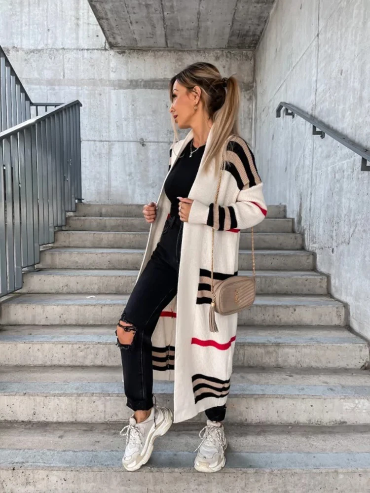Plus Size 2022 Autumn And Winter Coat Long Cardigan Casual Striped Knitted Sweater Jackets For Women Coats Female Clothing