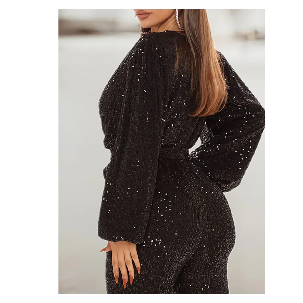 Chicme Women Lantern Sleeve Zipper Back Plunge Sequins Slim Jumpsuit Deep V Tied Waist Party Sexy Jumpsuit Long Sleeve