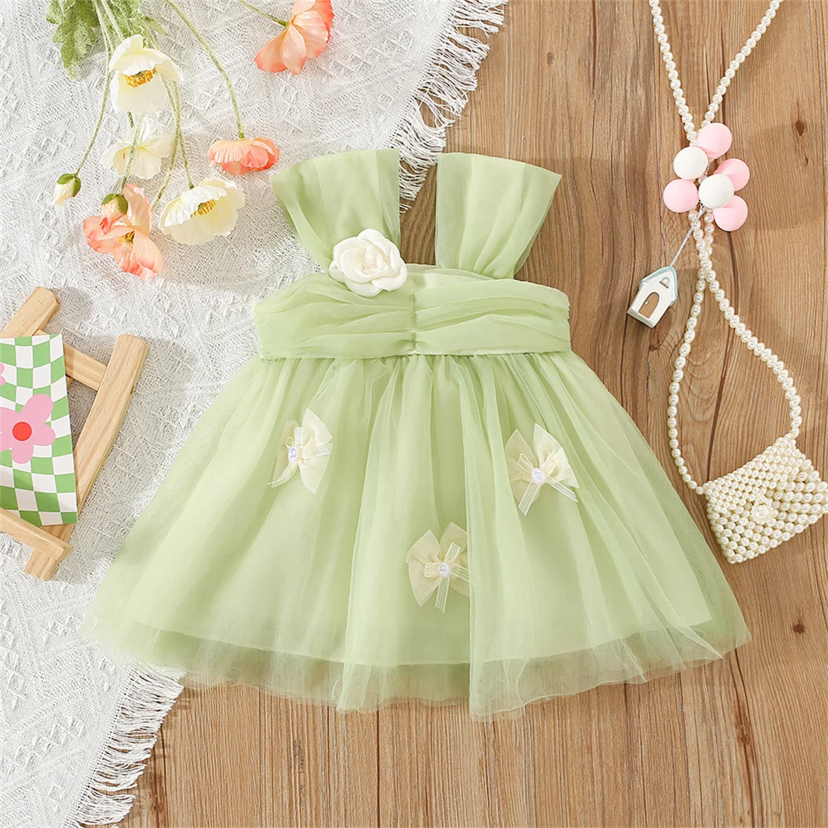 

Summer Girls' Sweet Princess Dress Flower Bow Decoration Solid Color Strap Mesh Party Birthday Dress