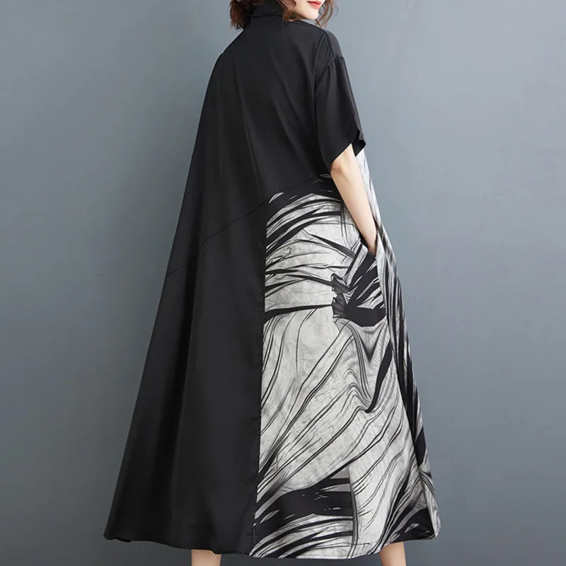 #3961 летнее черное асимметричное платье-рубашка с принтом женское винтажное